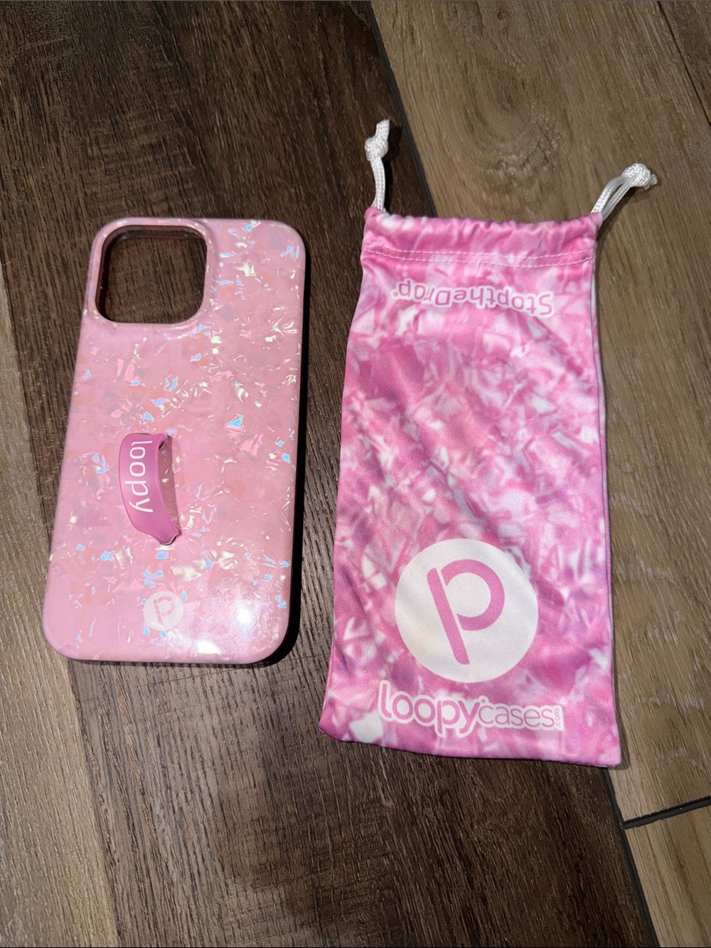 Loopy Case Pink Opal Shell Iridescent Glitter with Loop Grip iPhone 14 Pro Max